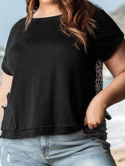 Black Plus Size Cheetah Back Rolled Cuffs T-shirt