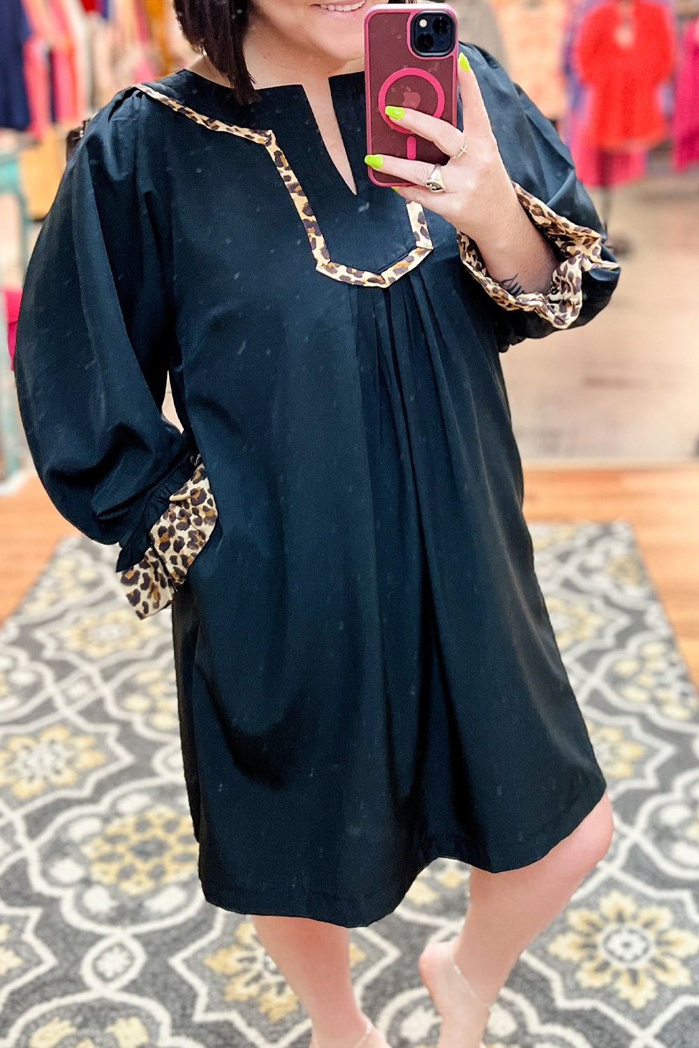 Black Plus Size Notched Neck Leopard Trim Flounce Long Sleeve Shift Dress