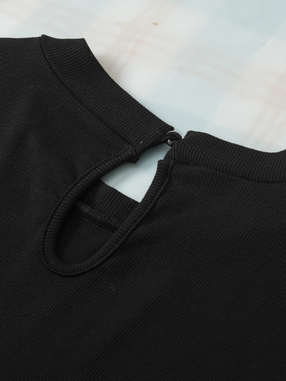 Elegant Black Mesh Puff Sleeve Ribbed Top