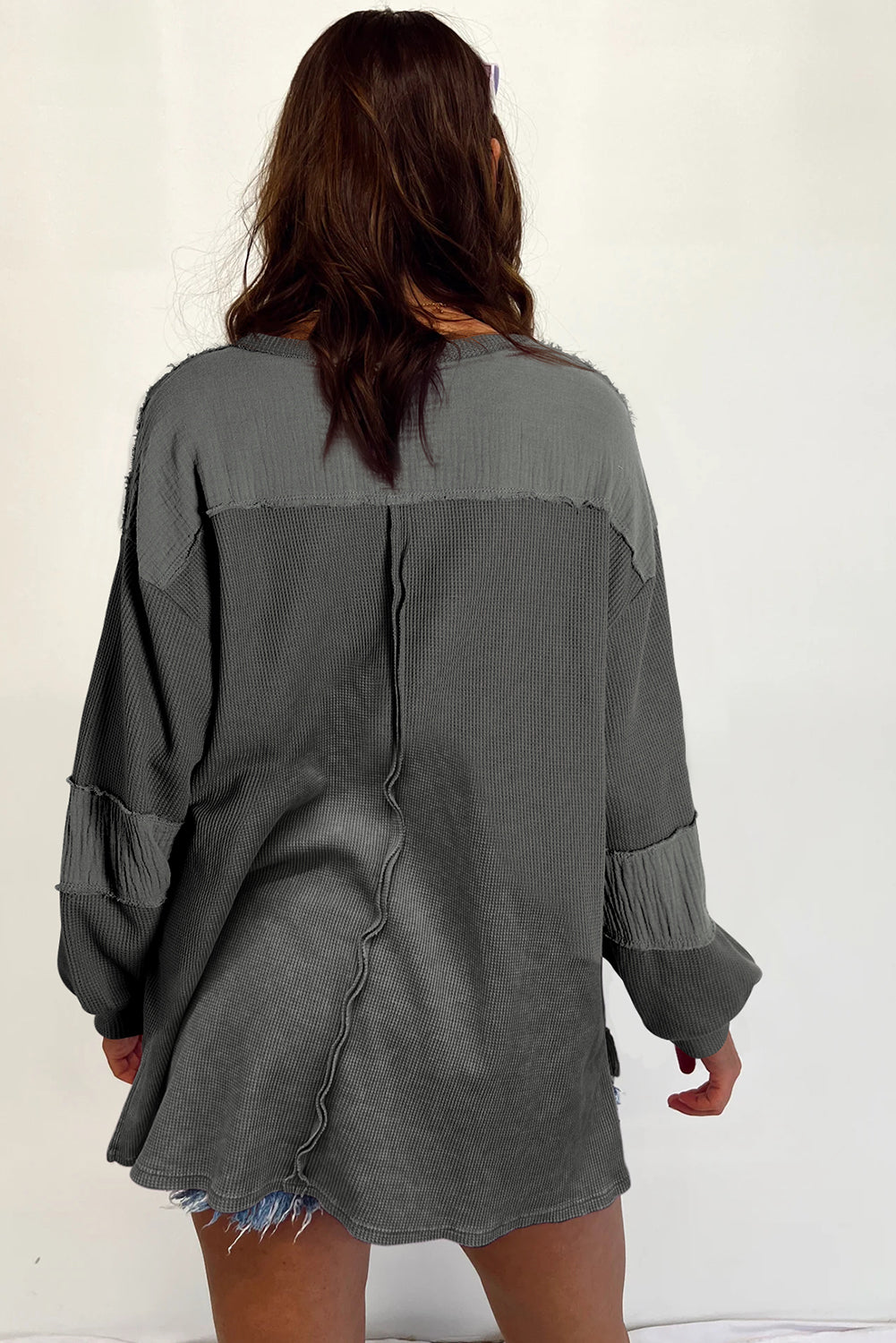 Gray Crinkled Texture Patchwork Waffle Knit Top with Bubble Sleeves