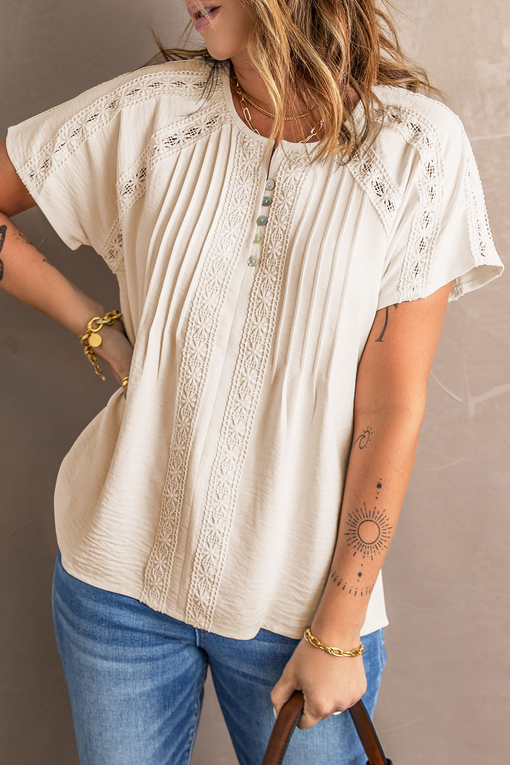 Apricot Crochet Eyelet Short Sleeve Top with Lace Detail
