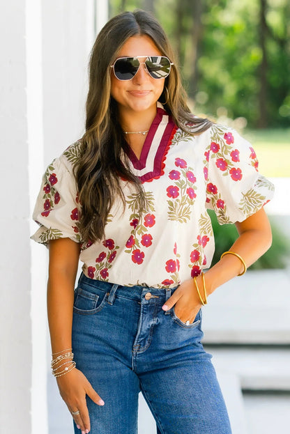 White Floral Short Bubble Sleeve Contrast Slit Neckline Blouse