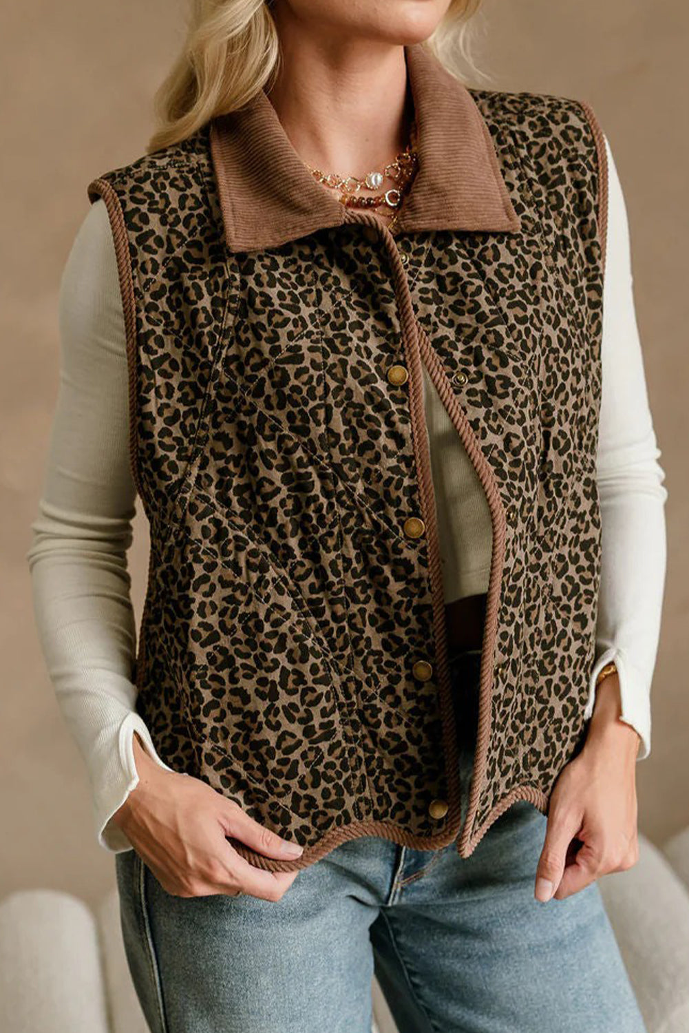 Khaki Stitched Leopard Print Corduroy Trim Contrast Collar Patchwork Vest