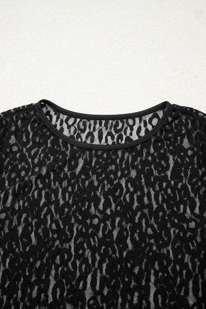 Black Leopard Pattern Sheer Mesh Long Sleeve Top