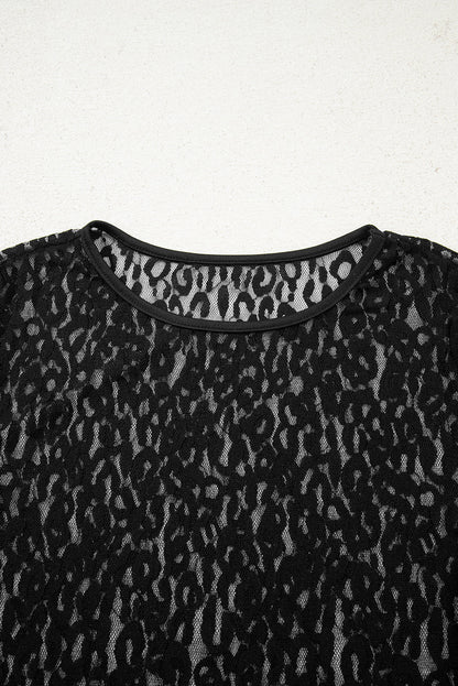Black Leopard Pattern Sheer Mesh Long Sleeve Top