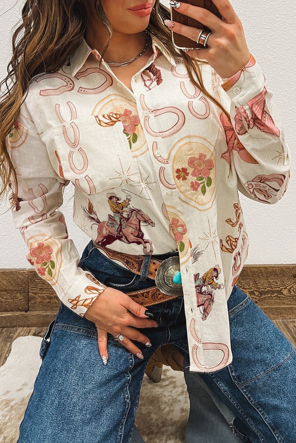 White Western Pattern Print Button-up Loose Shirt