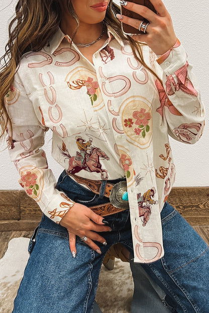 White Western Pattern Print Button-up Loose Shirt
