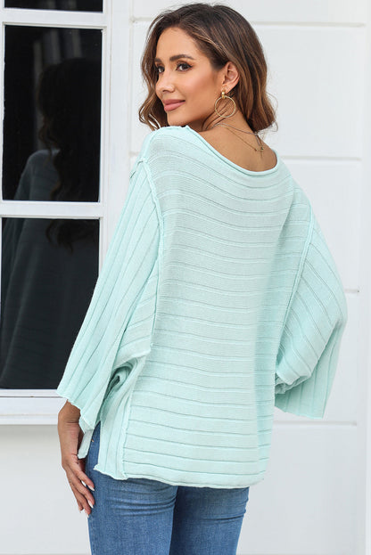 Green Exposed Seam Dolman Sleeve Ribbed Knit Top