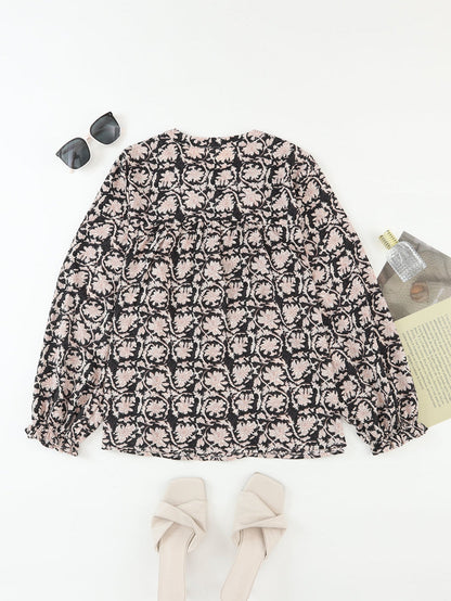 Elegant Black Floral V-Neck Pleated Blouse with Puff Sleeves