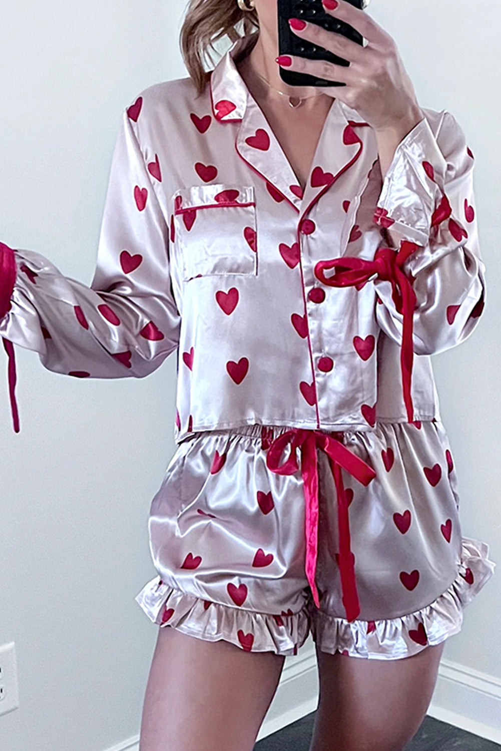 Pink Contrast Ribbon Tie Heart Print Silky Long Sleeve Ruffled Shorts Pjama Set