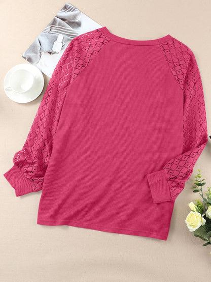 Strawberry Pink Plus Size Contrast Lace Sleeve Waffle Knit Top