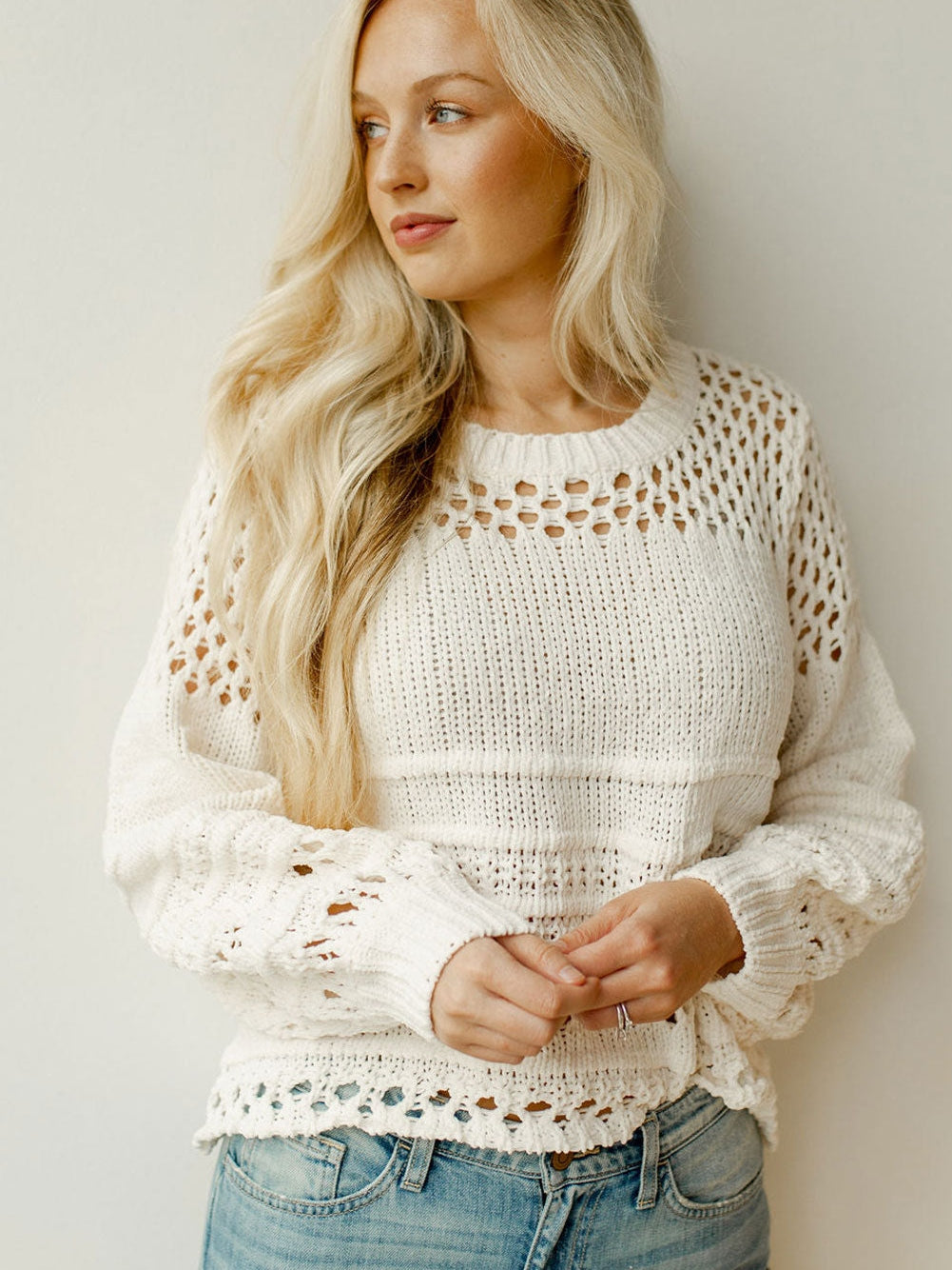 Ivory Pointelle Knit Puff Sleeve Sweater for an Elegant Look