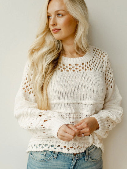 Ivory Pointelle Knit Puff Sleeve Sweater for an Elegant Look