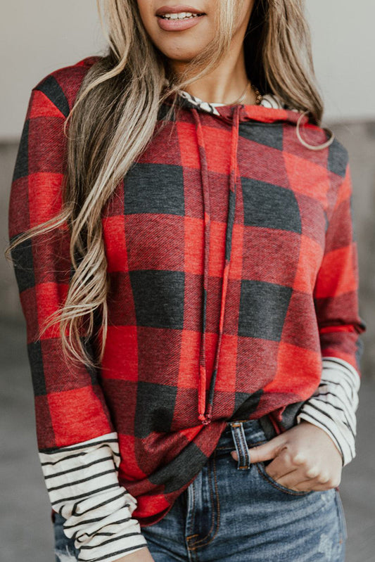Fiery Red Christmas Plaid Striped Hooded Patchwork Sweatshirt