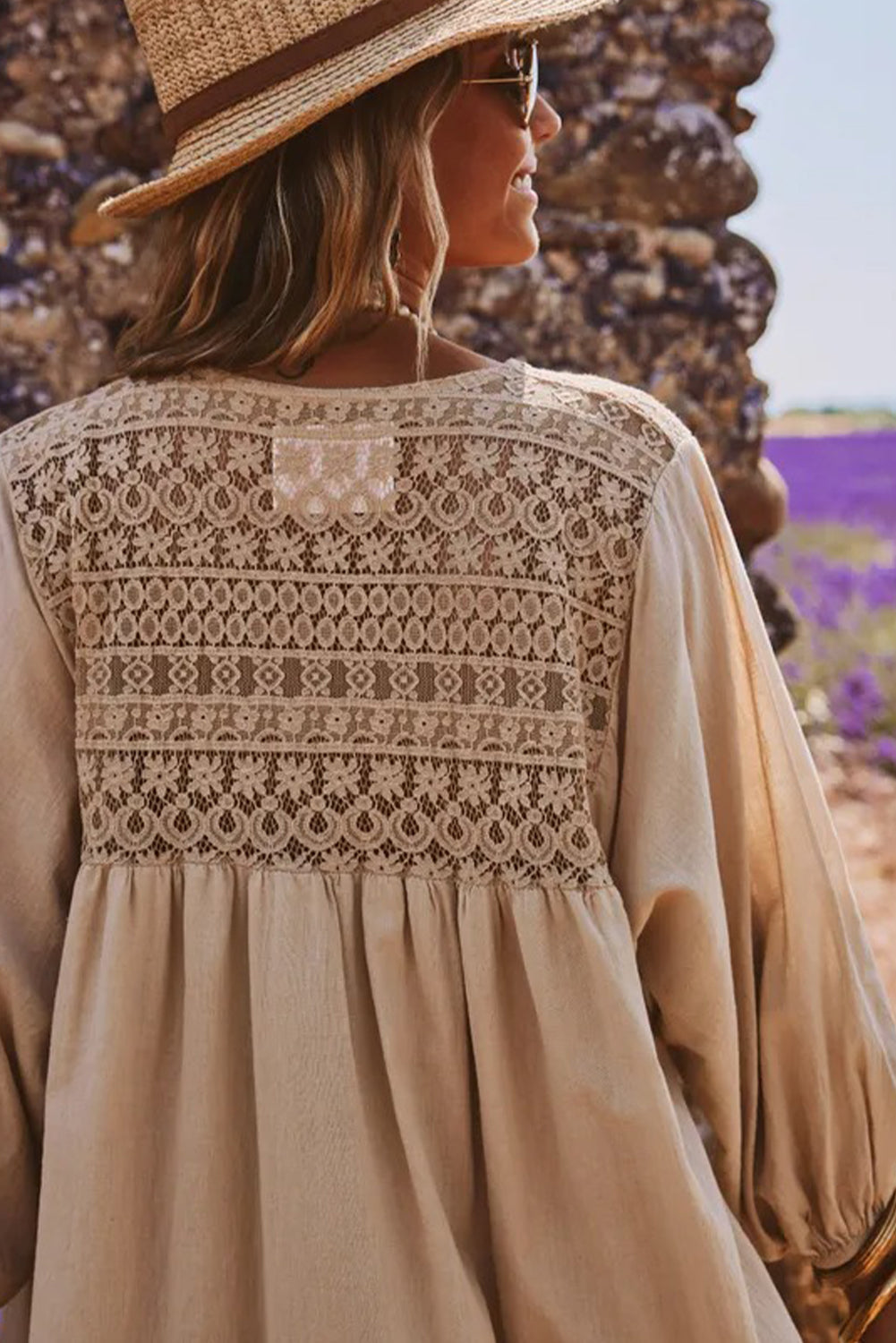 Jet Stream V Neck Lace Patchwork 3/4 Sleeve Long Shift Dress