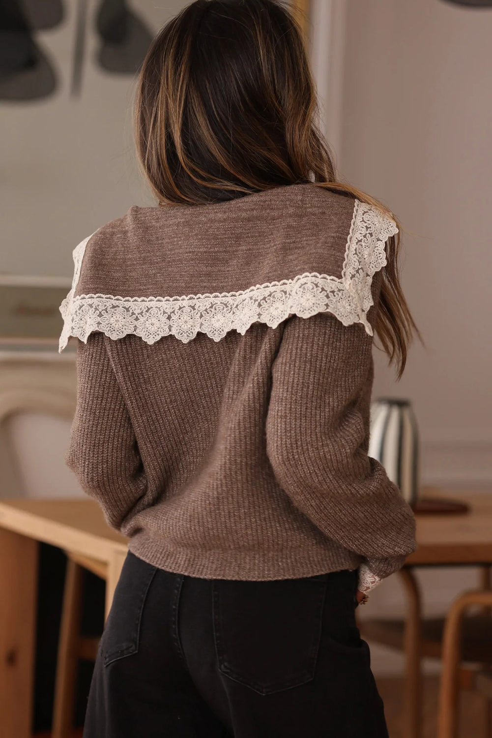 Goat Button Down Ribbed Knit Lace Trim Sailor Collar Cardigan