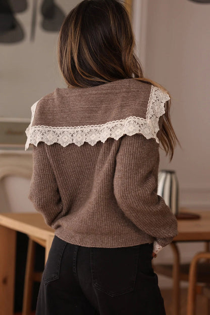 Goat Button Down Ribbed Knit Lace Trim Sailor Collar Cardigan