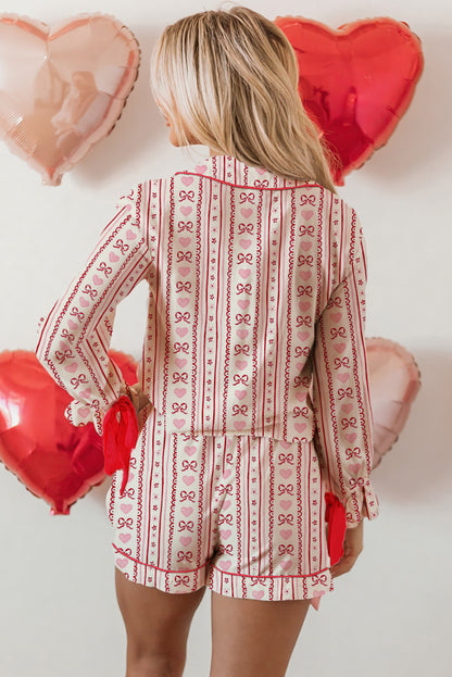 Red Romantic Bow Heart Print Contrast Ribbon Knot Short 2pcs Pajama Set