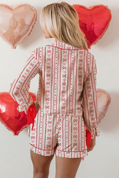 Red Romantic Bow Heart Print Contrast Ribbon Knot Short 2pcs Pajama Set