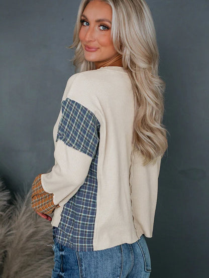 Gray Tartan Patchwork Distressed Long Sleeve Blouse