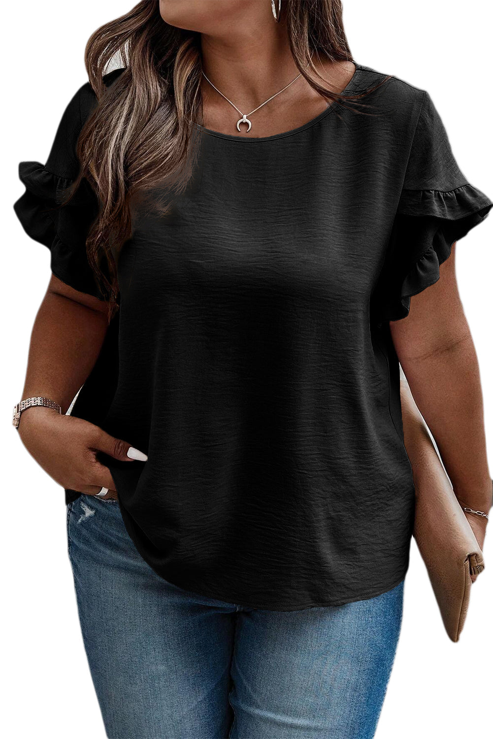 Chic Black Ruffle Sleeve Plus Size Blouse