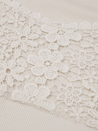 Beige Floral Lace V-Neck Sheath Top with Long Sleeves