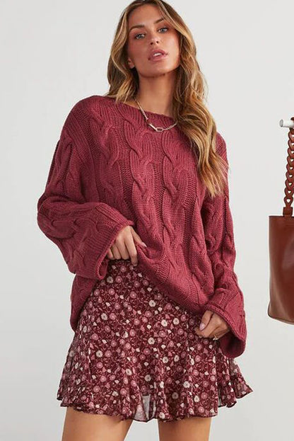 Mineral Red Round Neck Cable Knit Oversize Sweater