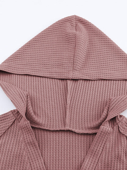 Fiery Red Oversized Waffle Knit Henley Hoodie with Drop Shoulder