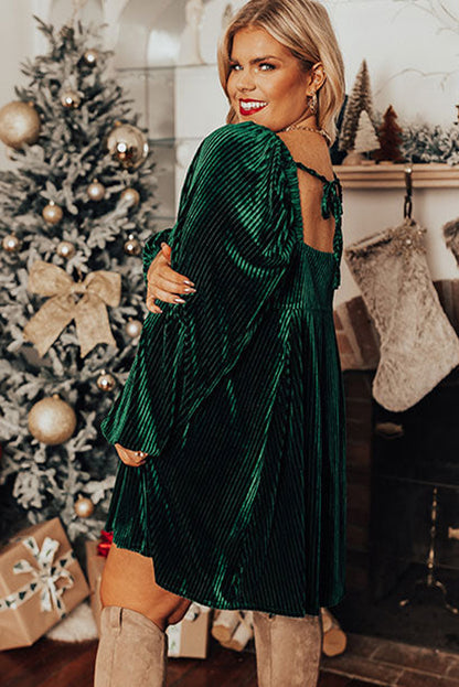 Blackish Green Textured Velvet Square Neck Bubble Sleeve Plus Mini Dress
