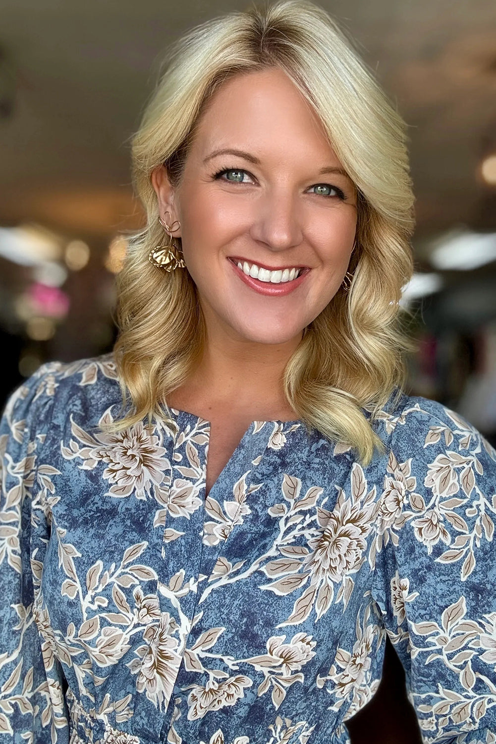 Sky Blue Floral Print Smocked High Waist Long Sleeve Maxi Dress