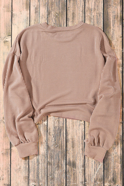 Khaki Corded Drop Shoulder Puff Sleeve Casual Top