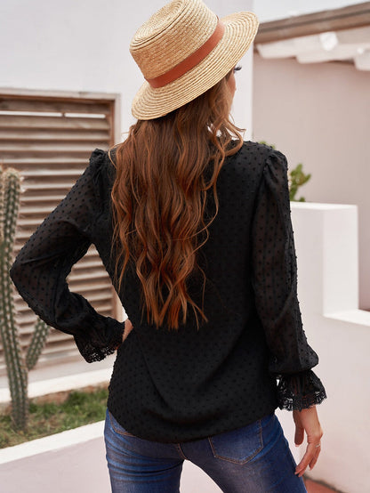 Elegant Swiss Dot Lace Detailed V-Neck Blouse