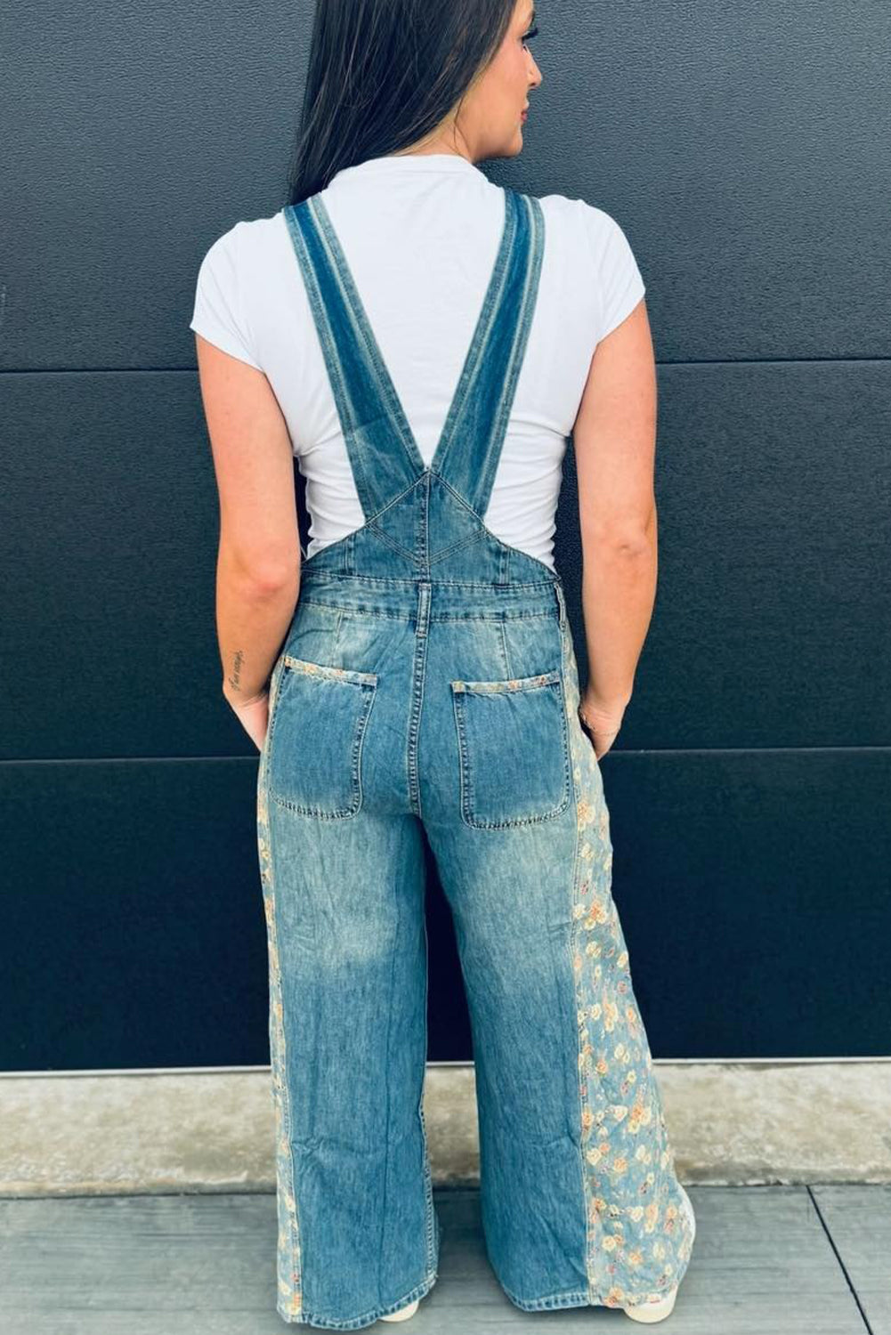 Peacock Blue Floral Patchwork Bib Denim Wide Leg Overalls