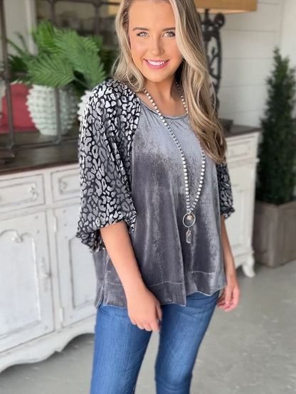 Grey Leopard Velvet Lantern Sleeve Blouse