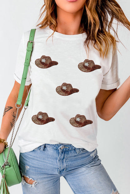 Glittering Sequin Cowgirl Hat Print Tee