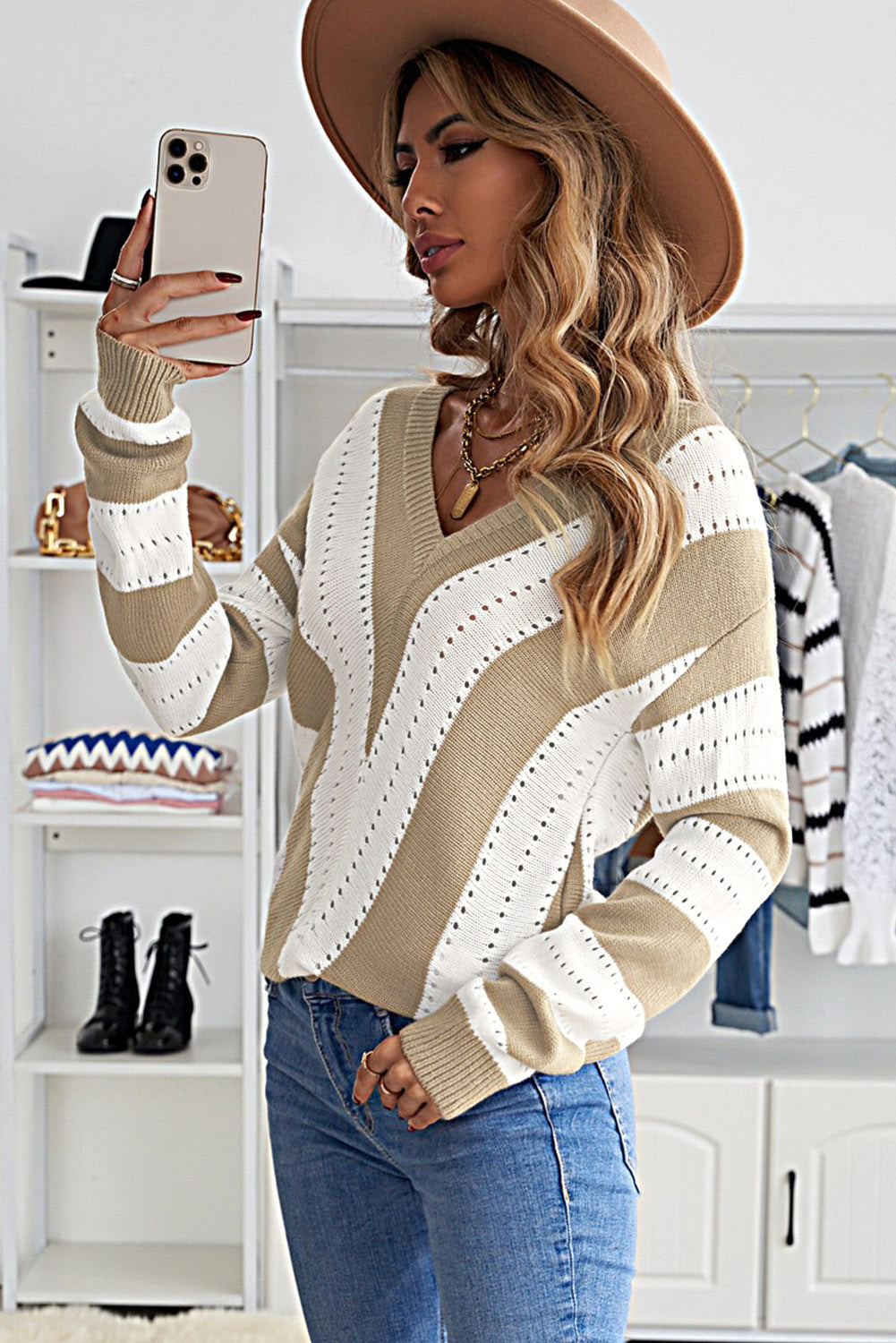 Khaki Colorblock V Neck Striped Knit Sweater