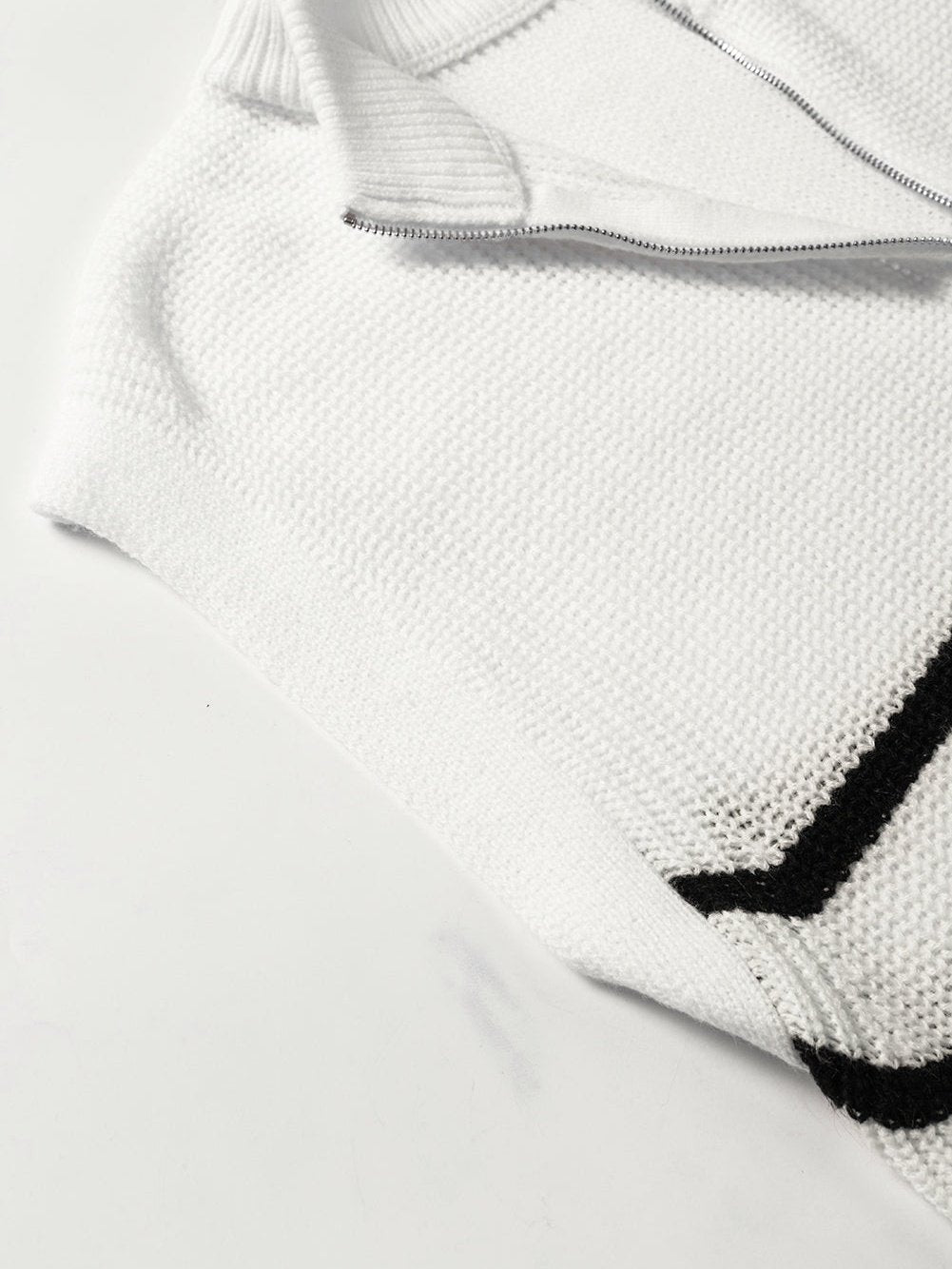 Elegant White Striped Half Zip Stand Neck Sweater Tee