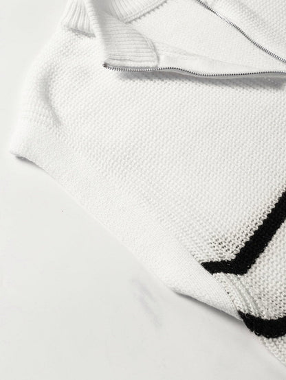 Elegant White Striped Half Zip Stand Neck Sweater Tee