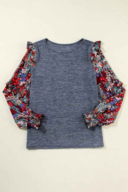 Blue Pale Chestnut Ruffle Tiered Floral Sleeve Crew Neck Blouse