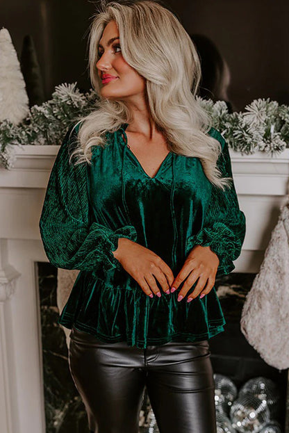Evergreen Velvet Ribbed Puff Sleeve Tie Split Neck Peplum Blouse