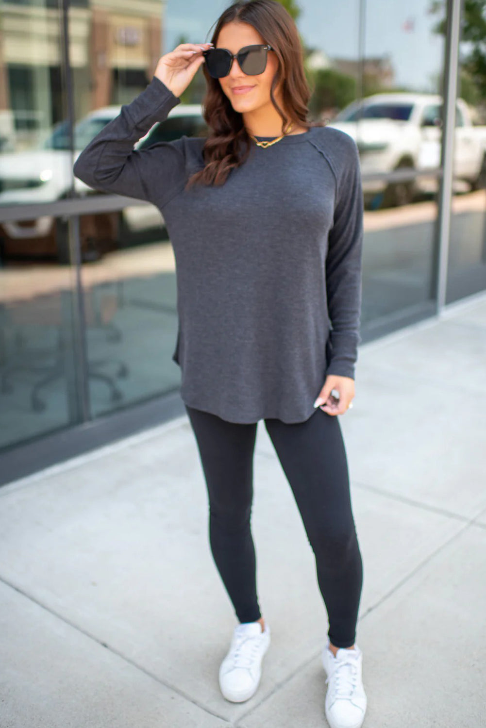 Dark Grey Solid Color Thermal Knit Exposed Seam Raglan Sleeve Top