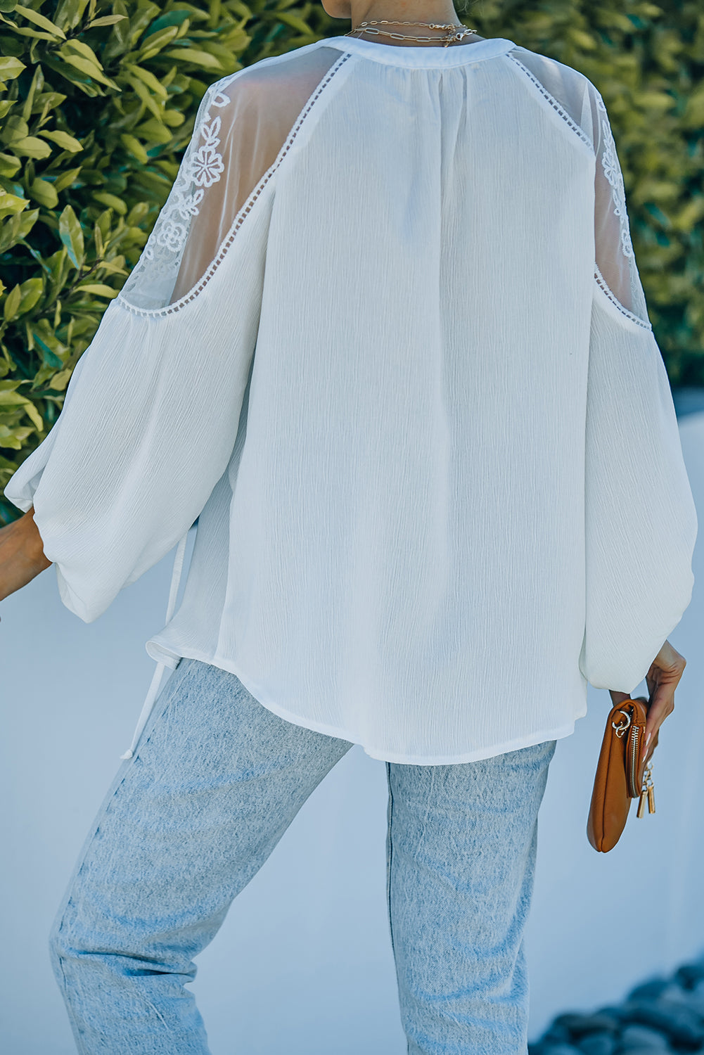 Elegant White Lace Detail V-Neck Blouse