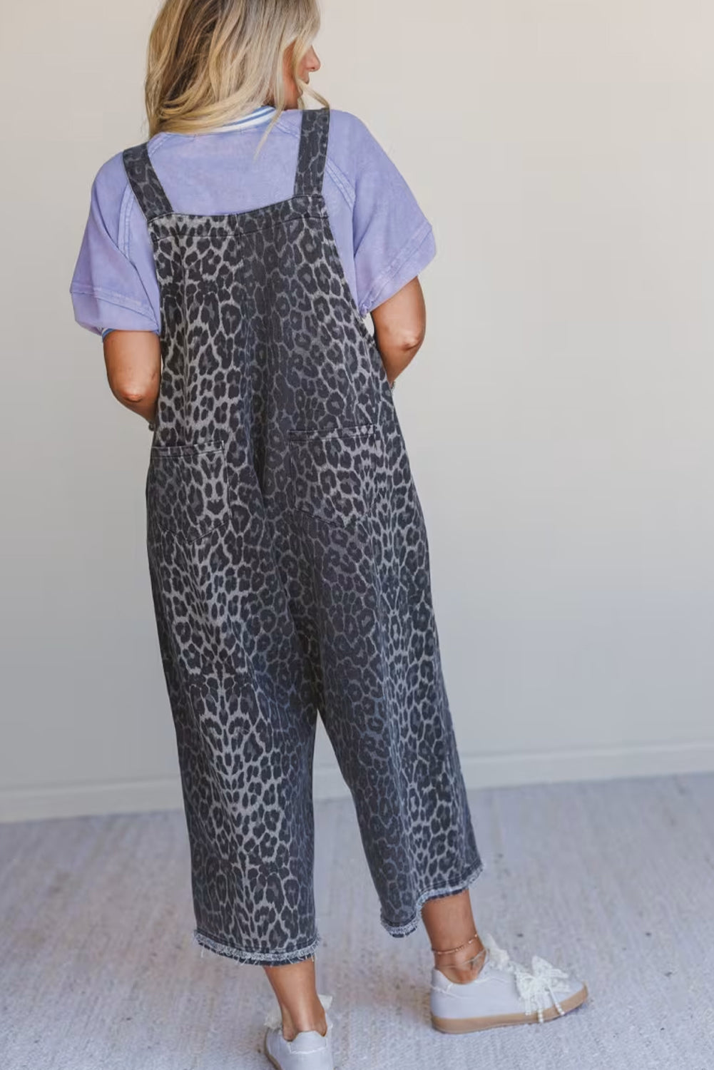 Gray Leopard Print Button Adjustable Straps Loose Denim Overall Jumpsuit