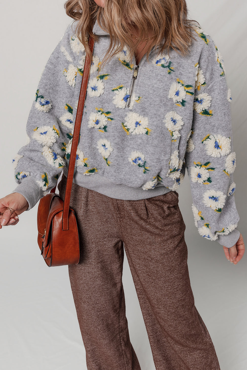 Sleet Plush Flower Pattern Zip Collar Loose Pullover Sweatshirt