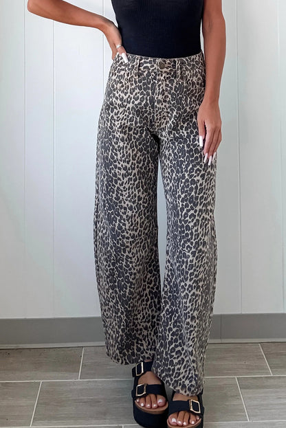 Black Leopard Print High Waist Barrel Jeans