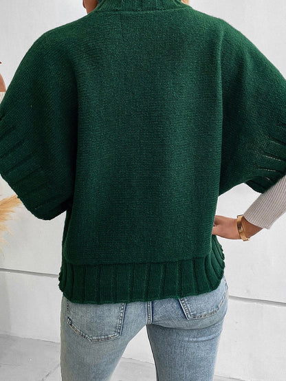 Elegant Blackish Green Batwing Knit Sweater with Mock Neck