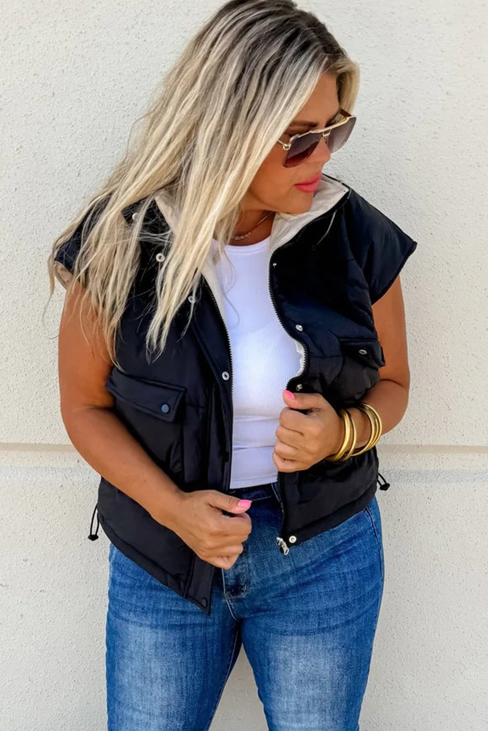 Black Color Block Liner Patchwork Snap Button Zip Up Winter Vest