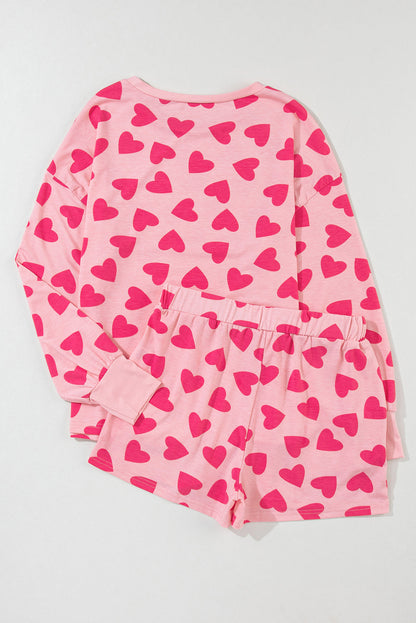 Heartfelt Pink Valentine's Day Lounge Set with Heart Print Top and Shorts