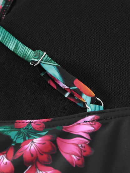 Fresh Floral High-Neck Tankini Set with Ruched Detail