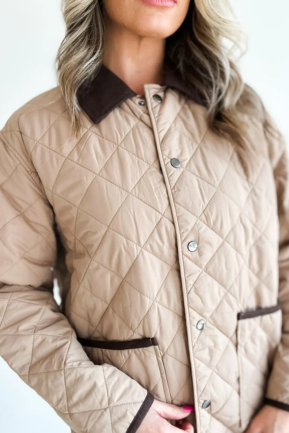 Parchment Snap Button Quilted Color Block Collar Pocketed Winter Jacket